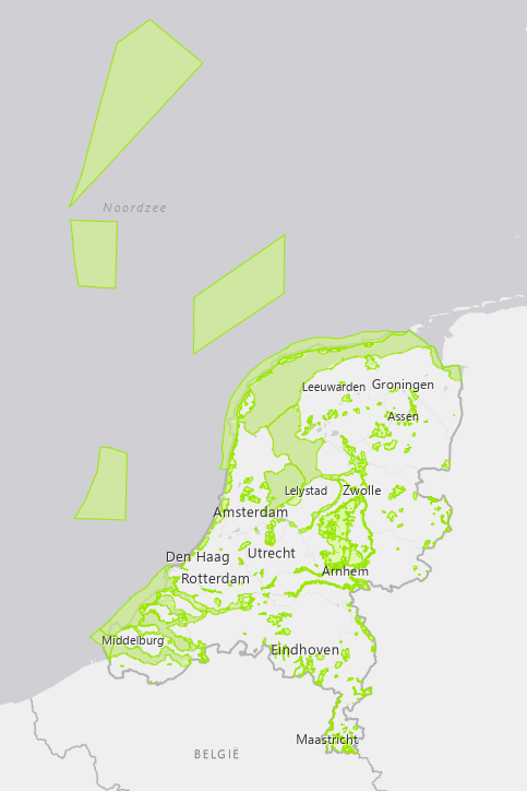 Deze afbeelding laat de Natura 2000-gebieden in Nederland zien.