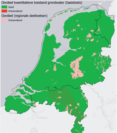 Deze afbeelding laat de kwantitatieve toestand van grondwater in Nederland zien. In een groot deel van Nederland is de kwantitatieve toestand van grondwater goed. Grote locaties die ontoereikend scoren zijn delen van provincie Noord-Brabant en de Veluwe.
