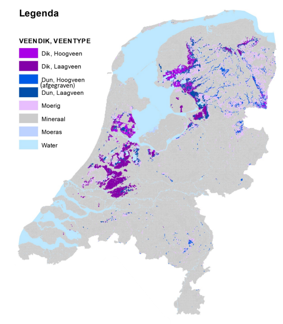 Deze afbeelding laat zien dat er een aantal Veenweidegebieden zijn in Nederland. Deze gebieden liggen voornamelijk in het Groene Hart en in het Noorden van het land.