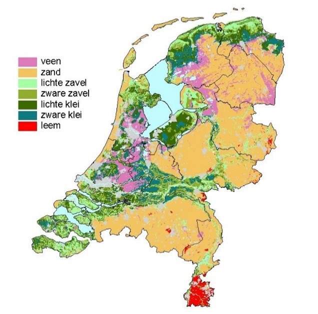 Deze afbeelding laat zien welke grondsoorten er in Nederland zijn en waar deze zich bevinden. Het gaat om de grondsoorten; veen, zand, lichte zavel, zware zavel, lichte klei, zware klei en leem.
