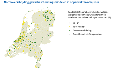 Deze afbeelding laat zien op welke plekken in Nederland een normoverschrijding van gewasbeschermingsmiddelen in oppervlaktewater geconstateerd is. Door heel Nederland zijn er locaties met overschrijdingen.