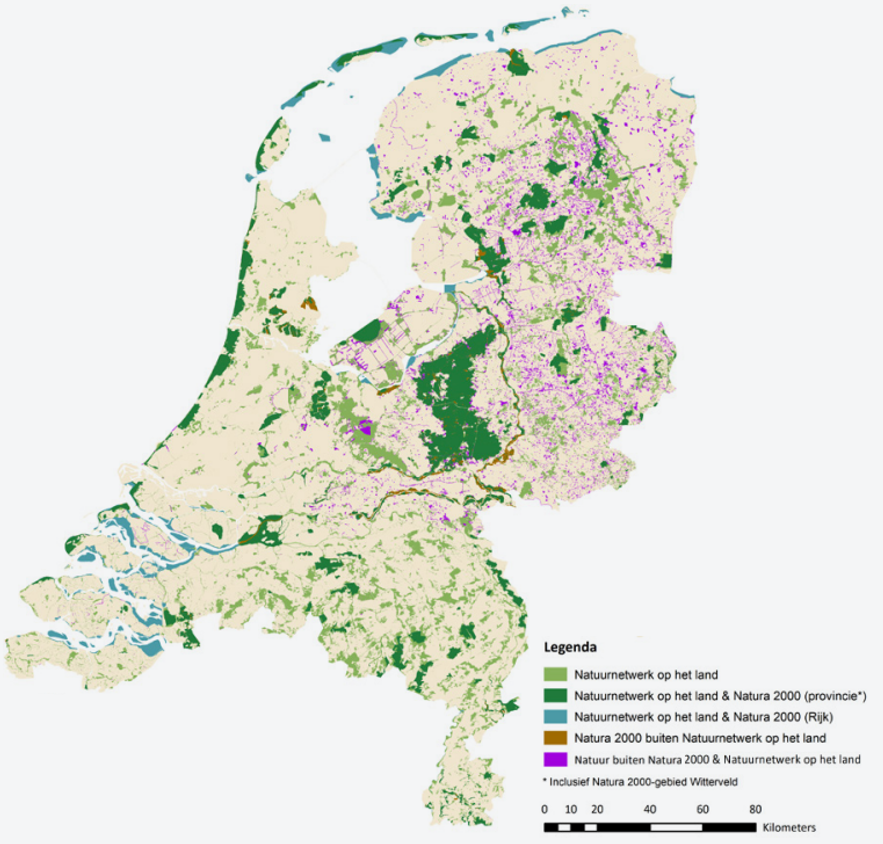 Deze afbeelding laat de ligging van Natuur in Nederland zien. Dit is het Natuurnetwerk Nederland, de Natura 2000-gebieden en overige natuur.
